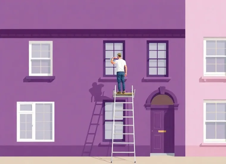 Peintre sur échafaudage traitant la façade d'une maison